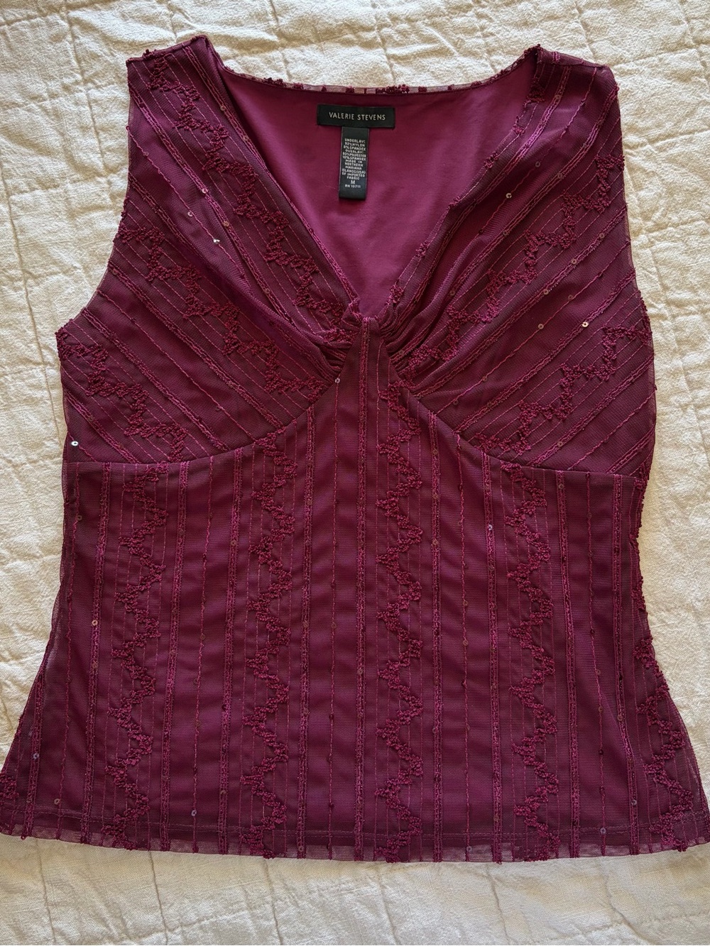 Valerie Stevens Wine Sleeveless sequin V-Neck Top Burgundy lined mesh Blouse Y2K